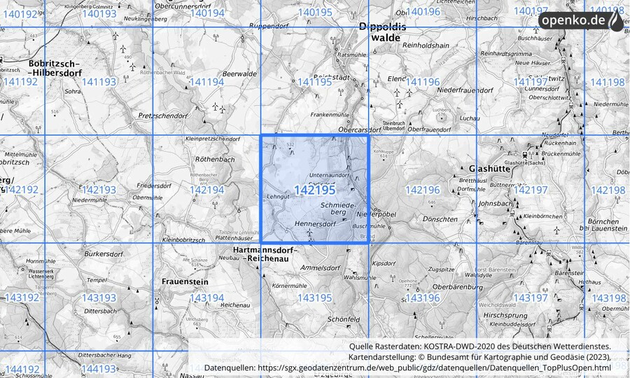 Übersichtskarte des KOSTRA-DWD-2020-Rasterfeldes Nr. 142195