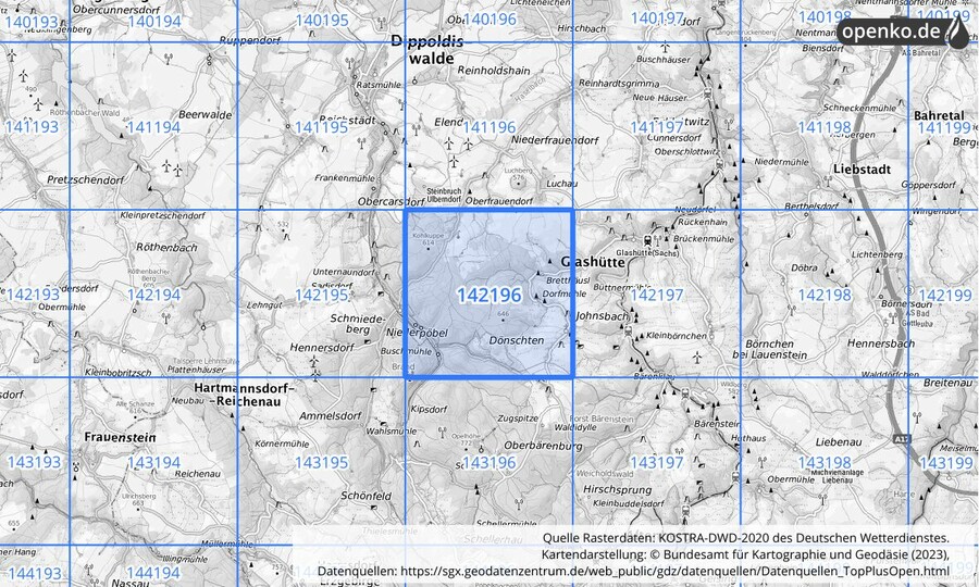 Übersichtskarte des KOSTRA-DWD-2020-Rasterfeldes Nr. 142196