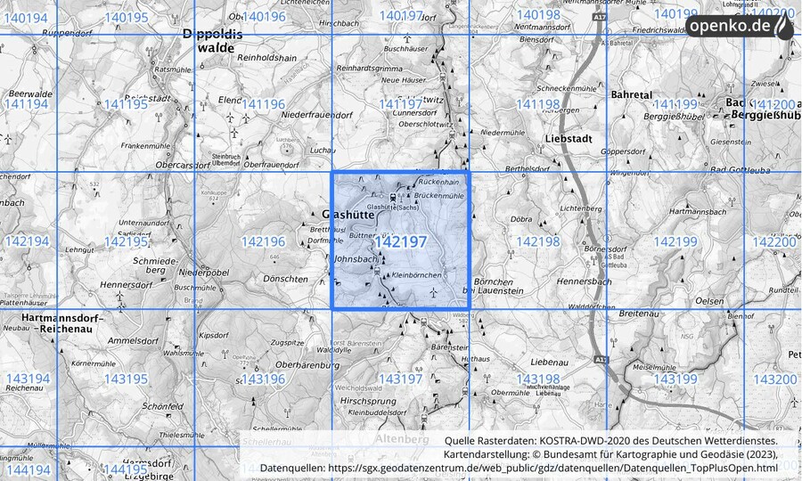 Übersichtskarte des KOSTRA-DWD-2020-Rasterfeldes Nr. 142197
