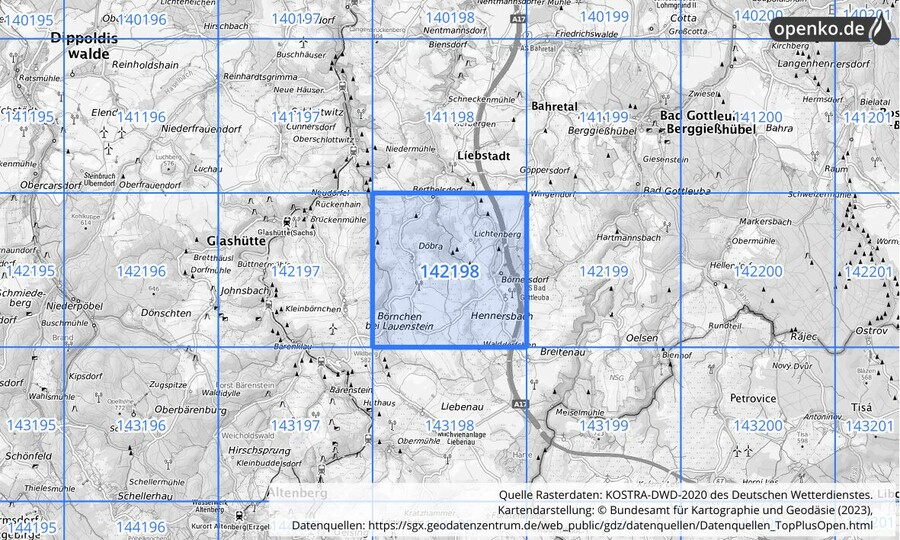 Übersichtskarte des KOSTRA-DWD-2020-Rasterfeldes Nr. 142198