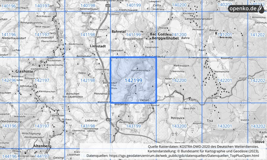 Übersichtskarte des KOSTRA-DWD-2020-Rasterfeldes Nr. 142199