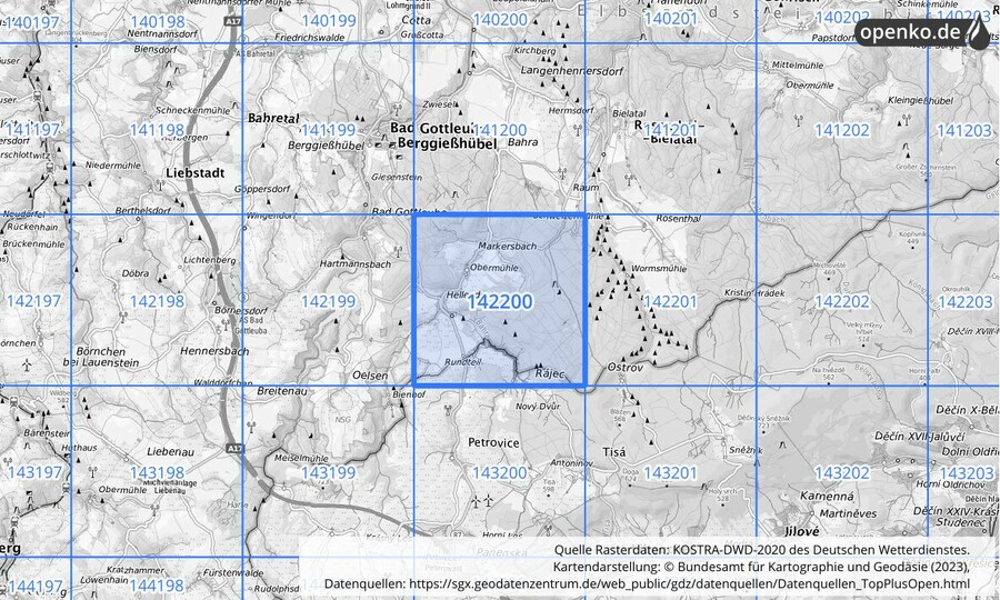 Übersichtskarte des KOSTRA-DWD-2020-Rasterfeldes Nr. 142200