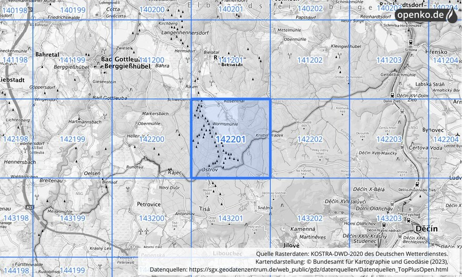 Übersichtskarte des KOSTRA-DWD-2020-Rasterfeldes Nr. 142201