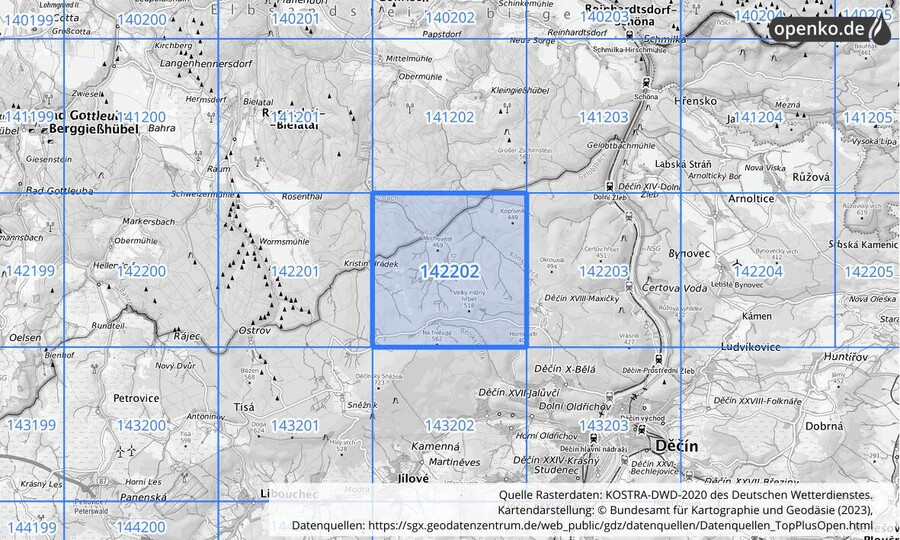 Übersichtskarte des KOSTRA-DWD-2020-Rasterfeldes Nr. 142202