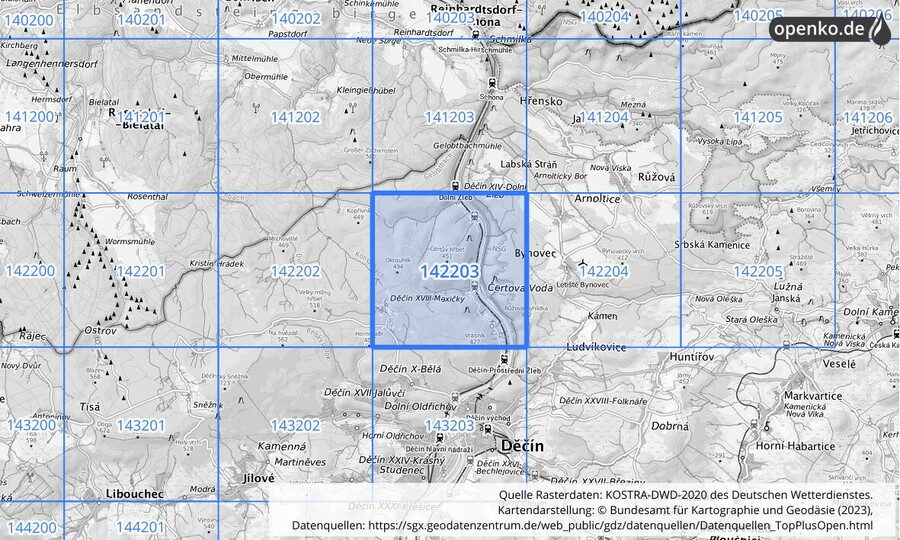 Übersichtskarte des KOSTRA-DWD-2020-Rasterfeldes Nr. 142203