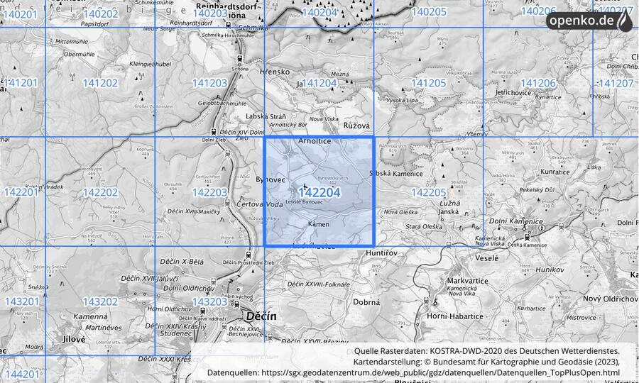 Übersichtskarte des KOSTRA-DWD-2020-Rasterfeldes Nr. 142204