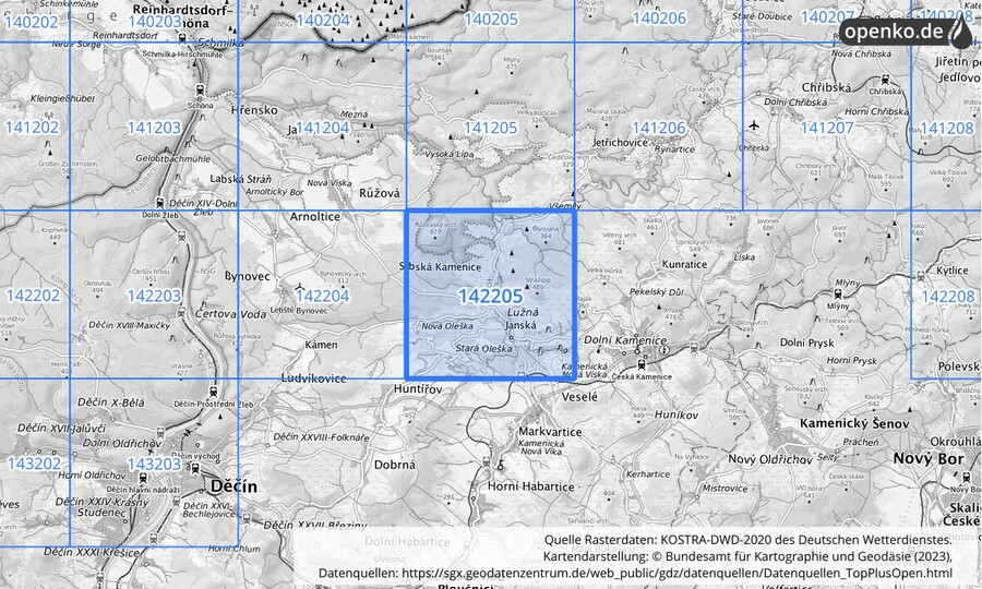 Übersichtskarte des KOSTRA-DWD-2020-Rasterfeldes Nr. 142205