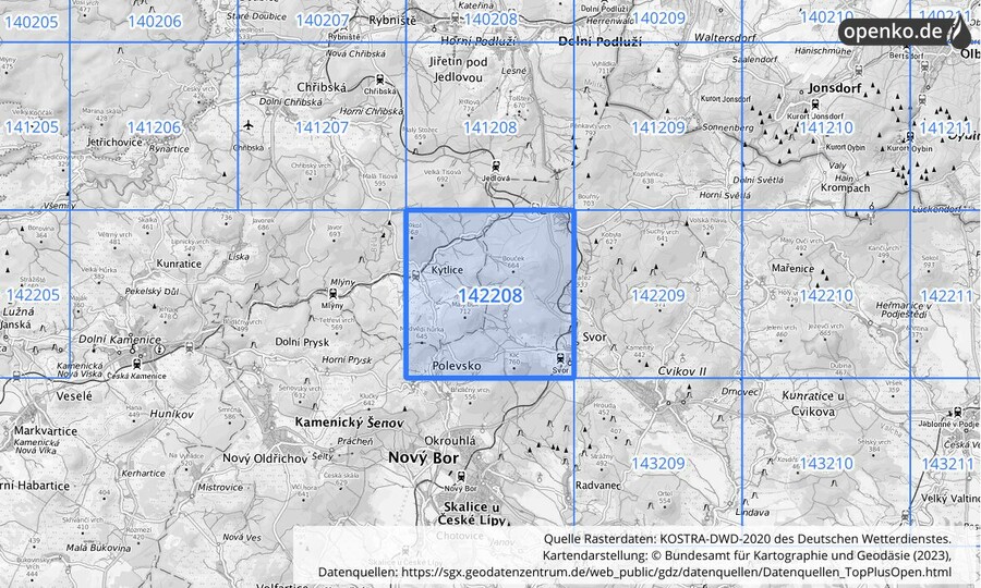 Übersichtskarte des KOSTRA-DWD-2020-Rasterfeldes Nr. 142208