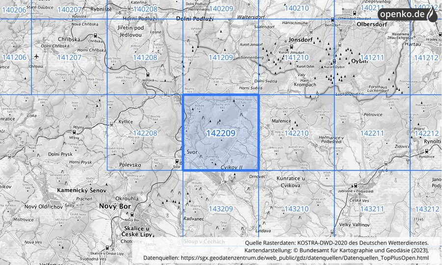 Übersichtskarte des KOSTRA-DWD-2020-Rasterfeldes Nr. 142209
