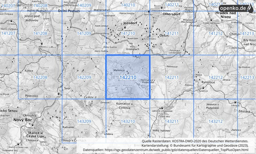 Übersichtskarte des KOSTRA-DWD-2020-Rasterfeldes Nr. 142210