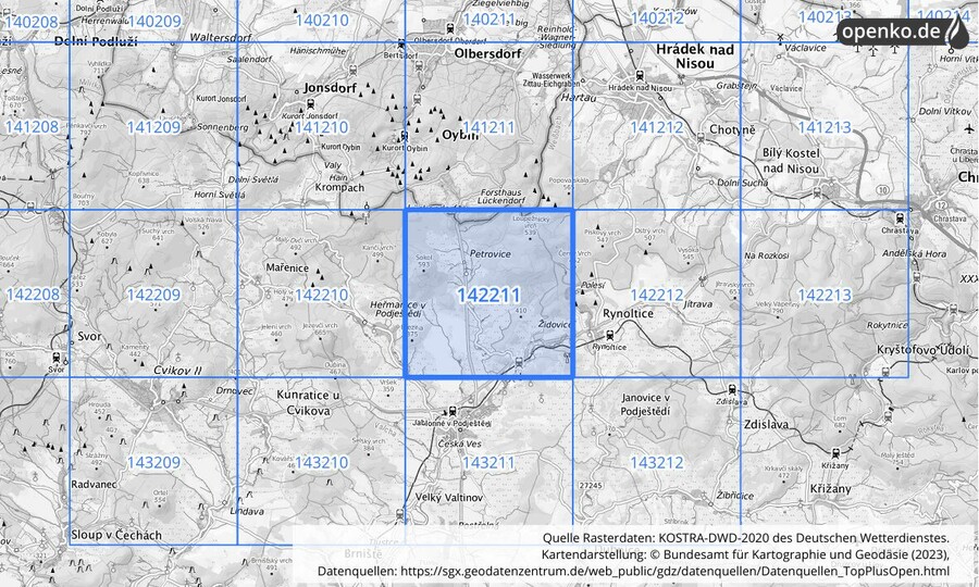 Übersichtskarte des KOSTRA-DWD-2020-Rasterfeldes Nr. 142211