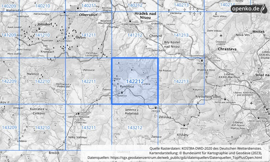 Übersichtskarte des KOSTRA-DWD-2020-Rasterfeldes Nr. 142212