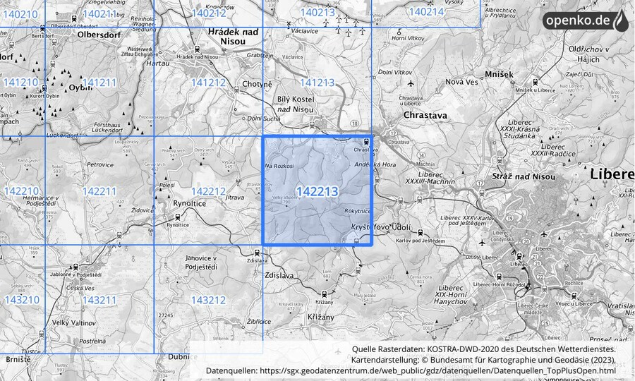 Übersichtskarte des KOSTRA-DWD-2020-Rasterfeldes Nr. 142213