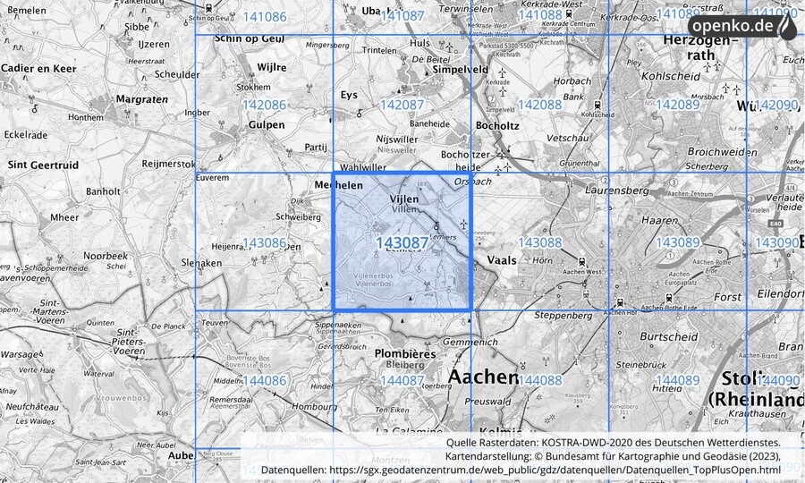 Übersichtskarte des KOSTRA-DWD-2020-Rasterfeldes Nr. 143087