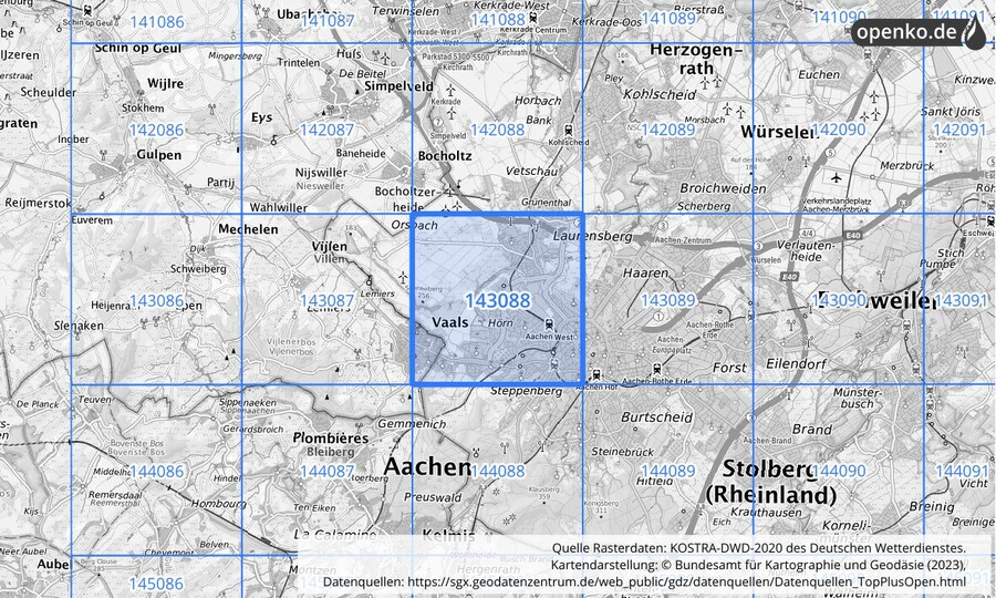 Übersichtskarte des KOSTRA-DWD-2020-Rasterfeldes Nr. 143088