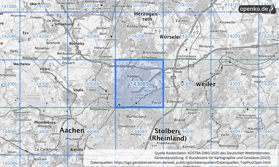 Übersichtskarte des KOSTRA-DWD-2020-Rasterfeldes Nr. 143089