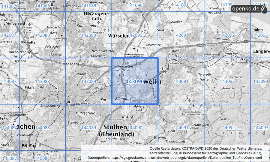 Übersichtskarte des KOSTRA-DWD-2020-Rasterfeldes Nr. 143090