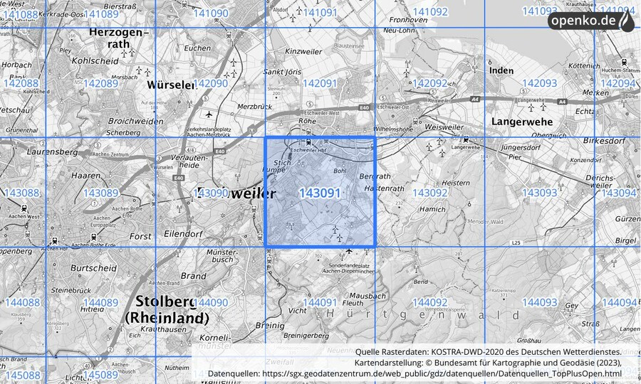 Übersichtskarte des KOSTRA-DWD-2020-Rasterfeldes Nr. 143091