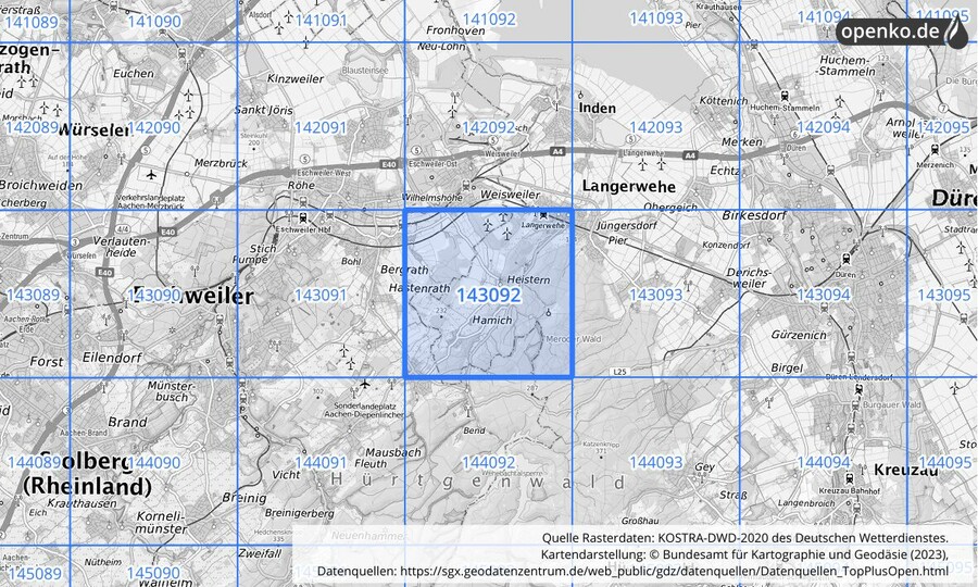 Übersichtskarte des KOSTRA-DWD-2020-Rasterfeldes Nr. 143092