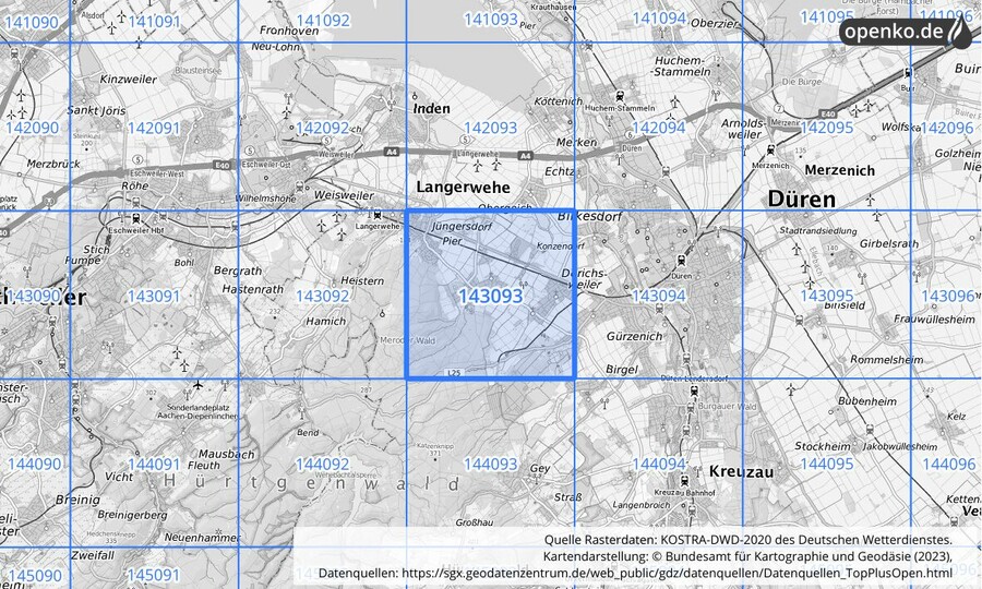 Übersichtskarte des KOSTRA-DWD-2020-Rasterfeldes Nr. 143093