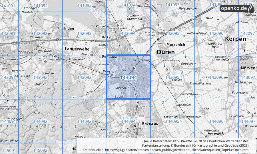 Übersichtskarte des KOSTRA-DWD-2020-Rasterfeldes Nr. 143094