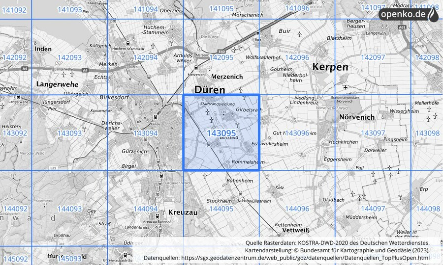 Übersichtskarte des KOSTRA-DWD-2020-Rasterfeldes Nr. 143095