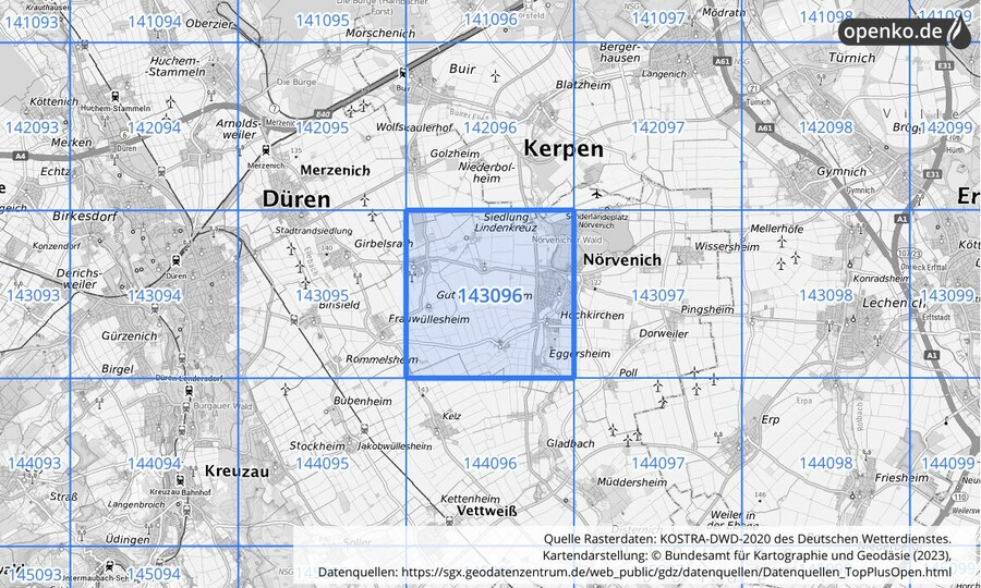 Übersichtskarte des KOSTRA-DWD-2020-Rasterfeldes Nr. 143096