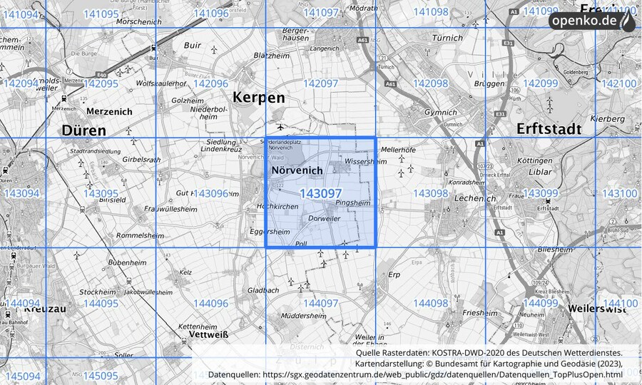 Übersichtskarte des KOSTRA-DWD-2020-Rasterfeldes Nr. 143097