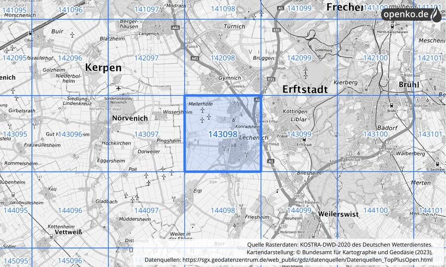 Übersichtskarte des KOSTRA-DWD-2020-Rasterfeldes Nr. 143098