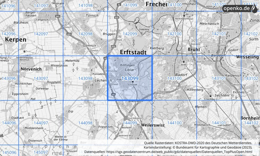 Übersichtskarte des KOSTRA-DWD-2020-Rasterfeldes Nr. 143099