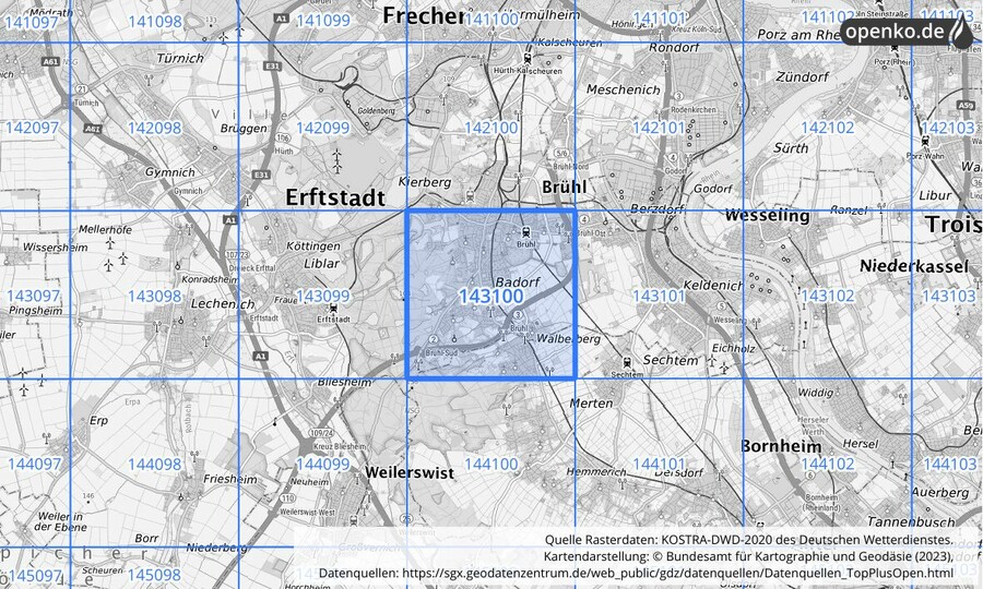 Übersichtskarte des KOSTRA-DWD-2020-Rasterfeldes Nr. 143100