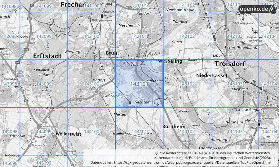 Übersichtskarte des KOSTRA-DWD-2020-Rasterfeldes Nr. 143101