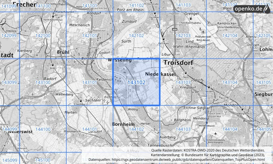 Übersichtskarte des KOSTRA-DWD-2020-Rasterfeldes Nr. 143102