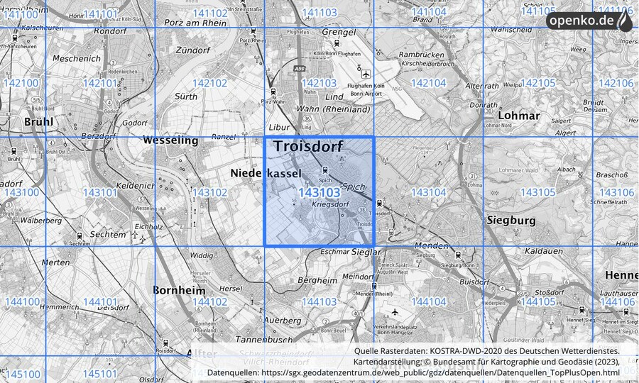 Übersichtskarte des KOSTRA-DWD-2020-Rasterfeldes Nr. 143103