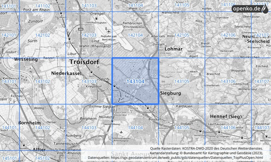 Übersichtskarte des KOSTRA-DWD-2020-Rasterfeldes Nr. 143104