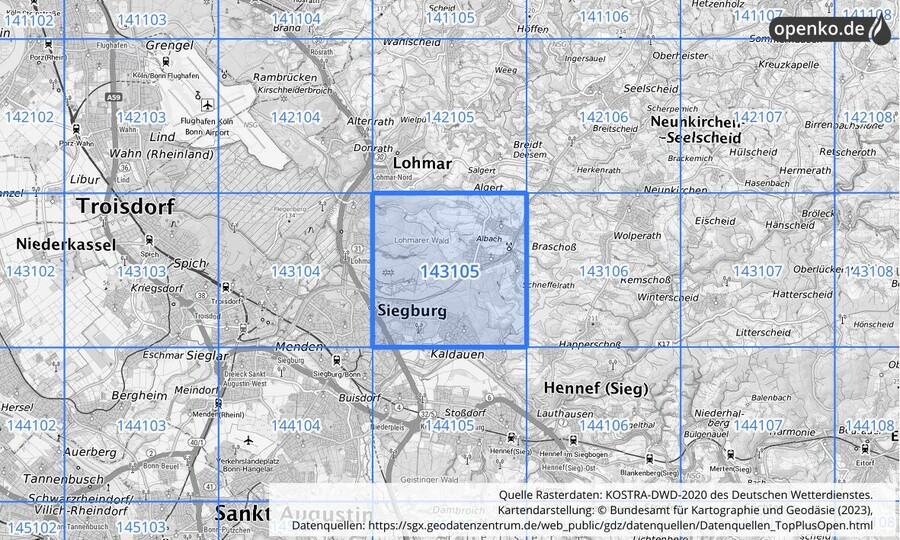 Übersichtskarte des KOSTRA-DWD-2020-Rasterfeldes Nr. 143105