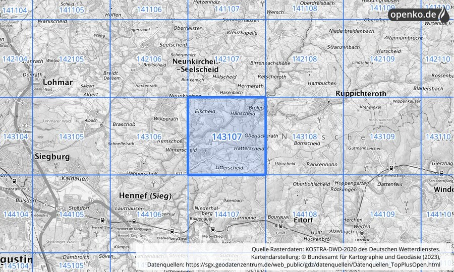Übersichtskarte des KOSTRA-DWD-2020-Rasterfeldes Nr. 143107