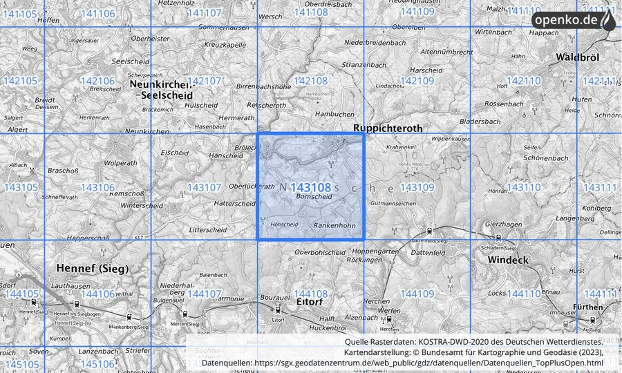 Übersichtskarte des KOSTRA-DWD-2020-Rasterfeldes Nr. 143108