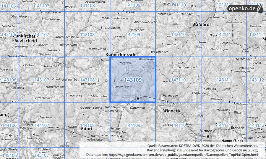 Übersichtskarte des KOSTRA-DWD-2020-Rasterfeldes Nr. 143109