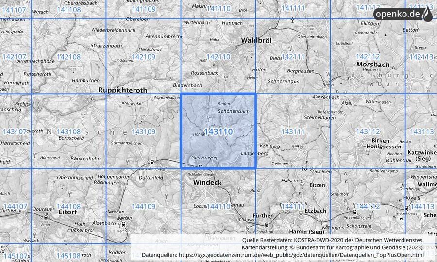 Übersichtskarte des KOSTRA-DWD-2020-Rasterfeldes Nr. 143110