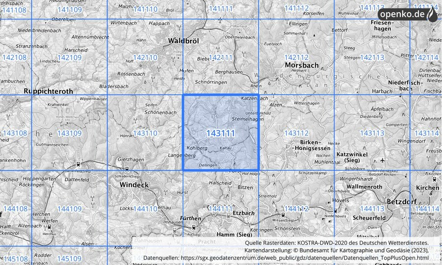 Übersichtskarte des KOSTRA-DWD-2020-Rasterfeldes Nr. 143111
