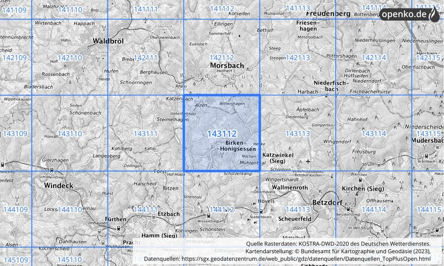 Übersichtskarte des KOSTRA-DWD-2020-Rasterfeldes Nr. 143112