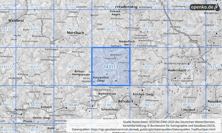 Übersichtskarte des KOSTRA-DWD-2020-Rasterfeldes Nr. 143113