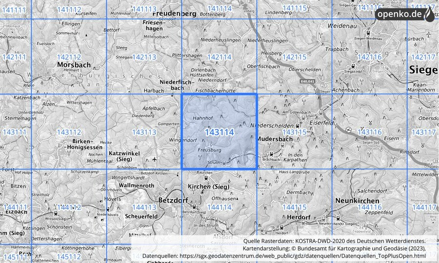 Übersichtskarte des KOSTRA-DWD-2020-Rasterfeldes Nr. 143114