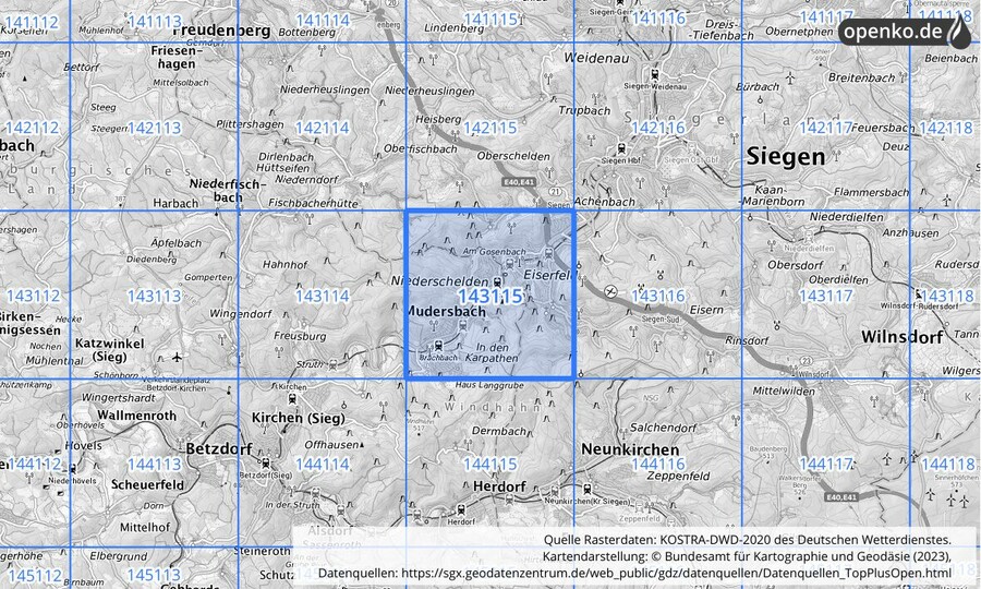 Übersichtskarte des KOSTRA-DWD-2020-Rasterfeldes Nr. 143115