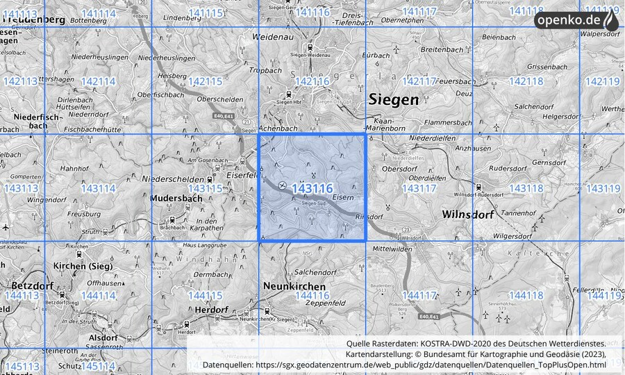 Übersichtskarte des KOSTRA-DWD-2020-Rasterfeldes Nr. 143116