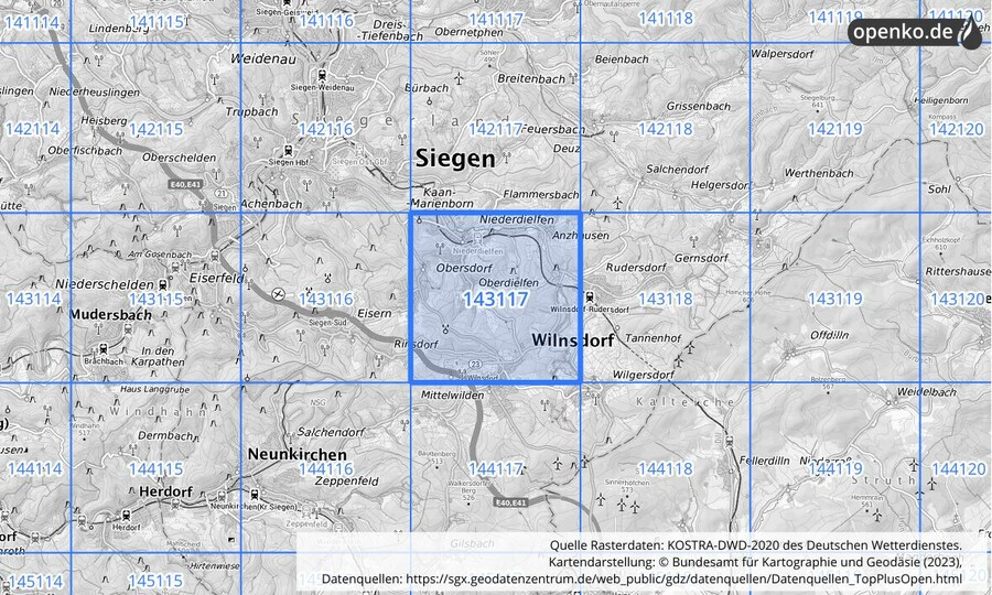 Übersichtskarte des KOSTRA-DWD-2020-Rasterfeldes Nr. 143117