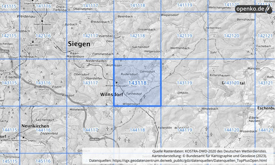 Übersichtskarte des KOSTRA-DWD-2020-Rasterfeldes Nr. 143118