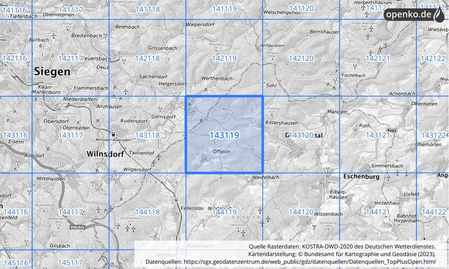 Übersichtskarte des KOSTRA-DWD-2020-Rasterfeldes Nr. 143119