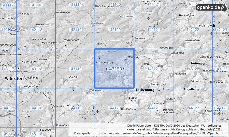 Übersichtskarte des KOSTRA-DWD-2020-Rasterfeldes Nr. 143120